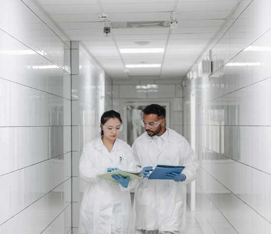 two lab workers walking down hallway