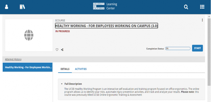 screen shot from UC Learning Center showing Ergonomics course