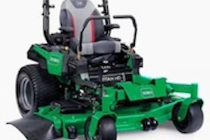 A green zero-turn riding lawn mower with a black roll bar and gray seat, designed for professional grass cutting.