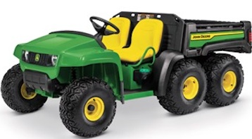 A green and yellow John Deere 6-wheel utility vehicle with a cargo bed, built for hauling and off-road work.