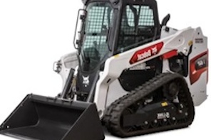 A white and red Bobcat compact track loader with rubber tracks and a front bucket, built for heavy-duty construction tasks.