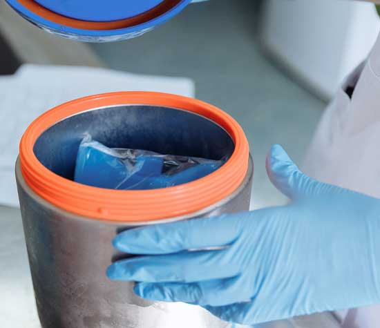 lab worker filling metal container